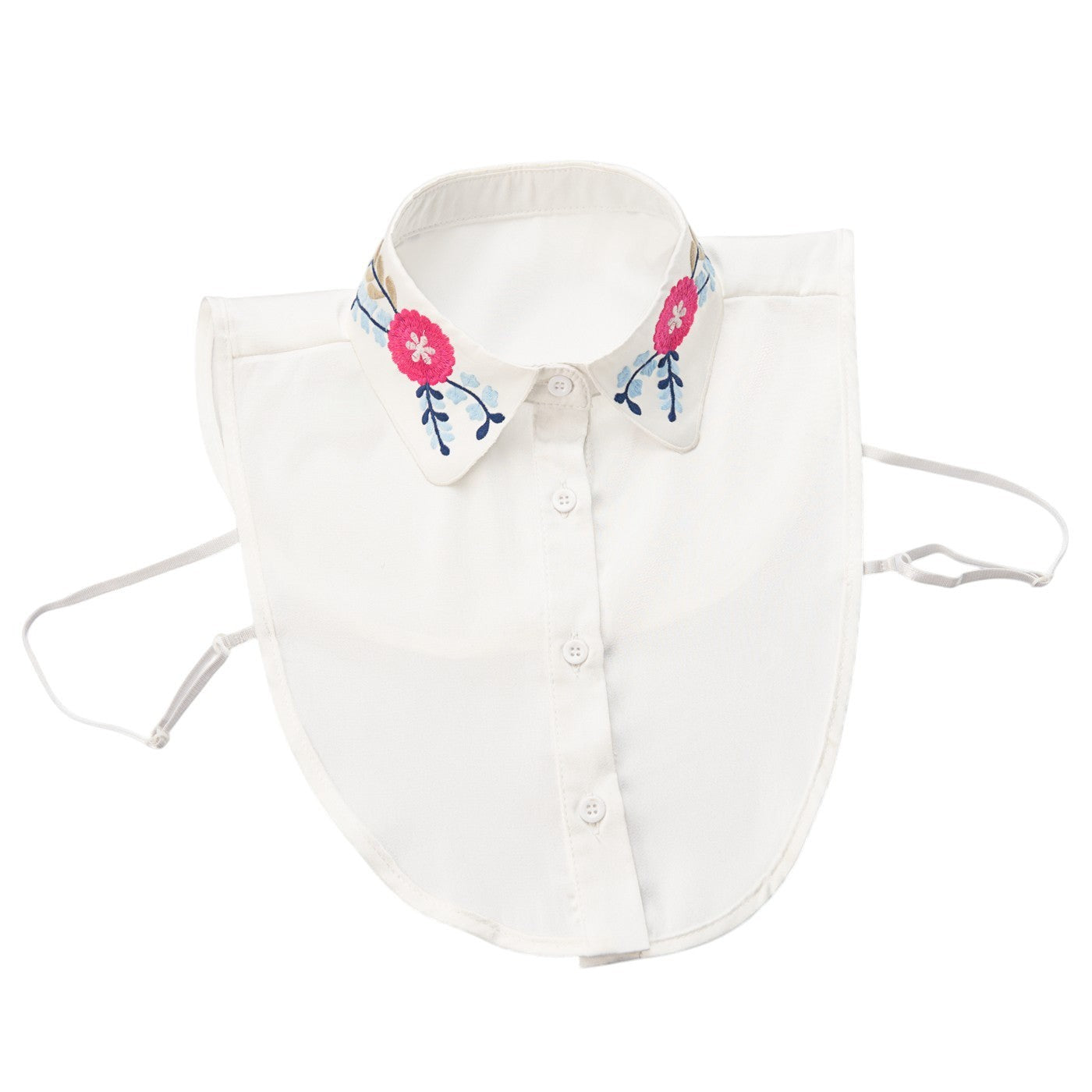 Simply Collars white detachable collar with pink and blue floral embroidery. Button front, adjustable straps.