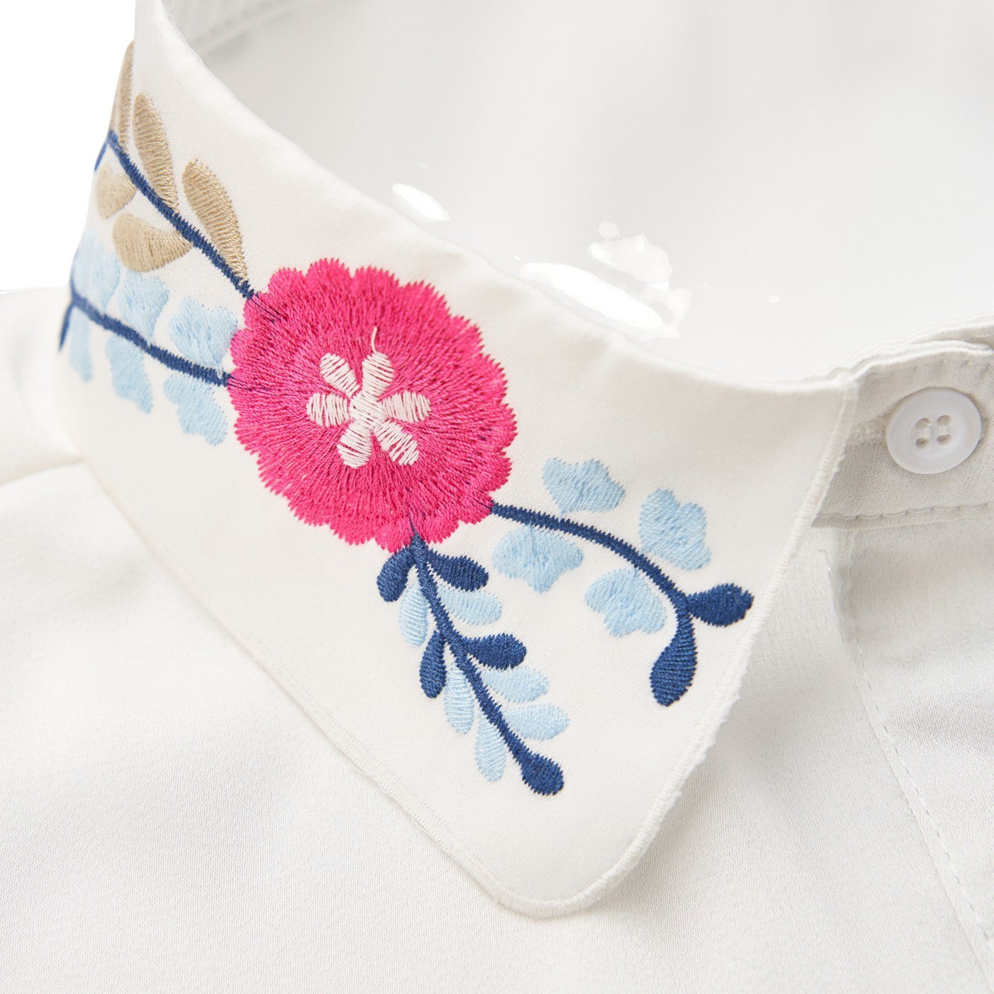 Simply Collars white detachable collar with vibrant pink and blue floral embroidery. Adds a pop of colour to outfits.