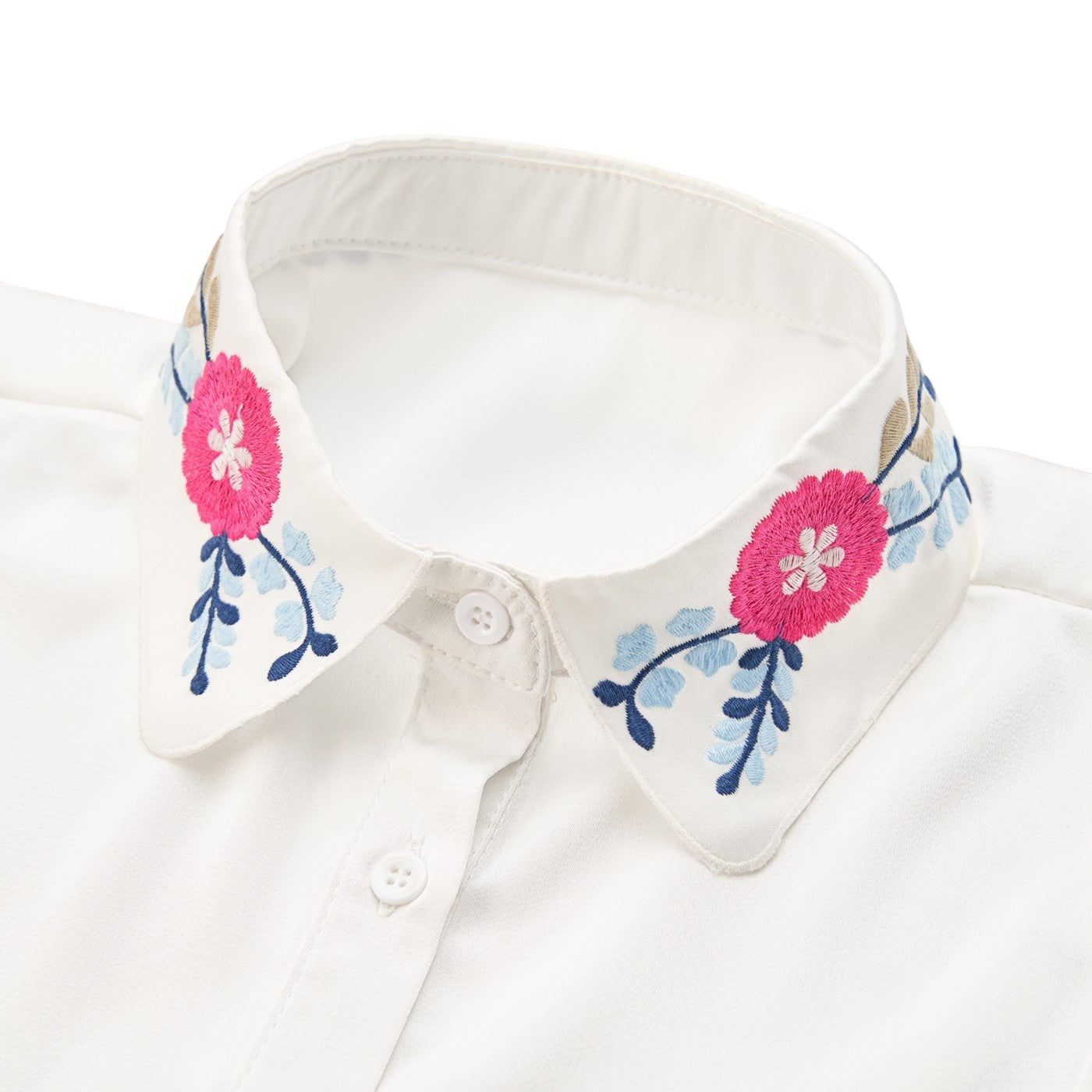Simply Collars white detachable collar with pink and blue floral embroidery. Adds polish without bulk.
