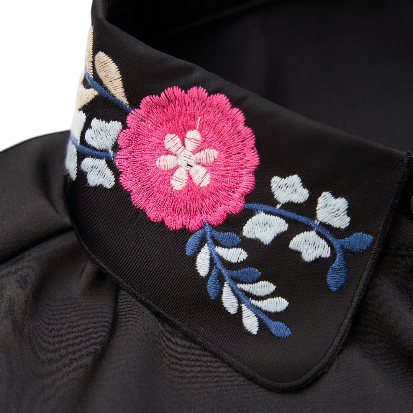 Simply Collars black collar with vibrant pink and blue floral embroidery. Adds a pop of color and elegance.