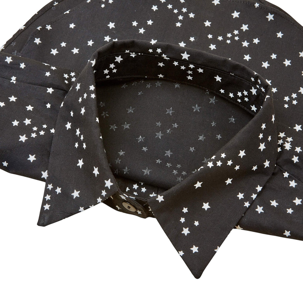 Simply Collars detachable black collar with white star print. Lightweight fabric, adjustable straps.