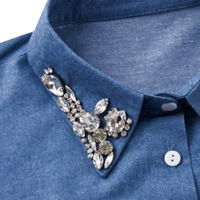 Simply Collars The Hoedown denim blue shirt collar with rhinestone and bead embellishments.