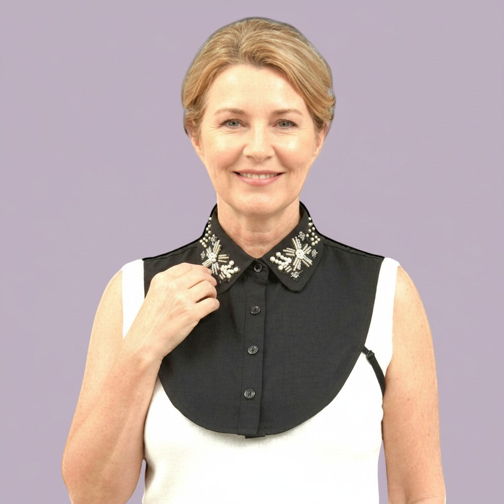 Simply Collars black detachable collar with floral embroidery, beads, and pearls. Adds glamour to any outfit.