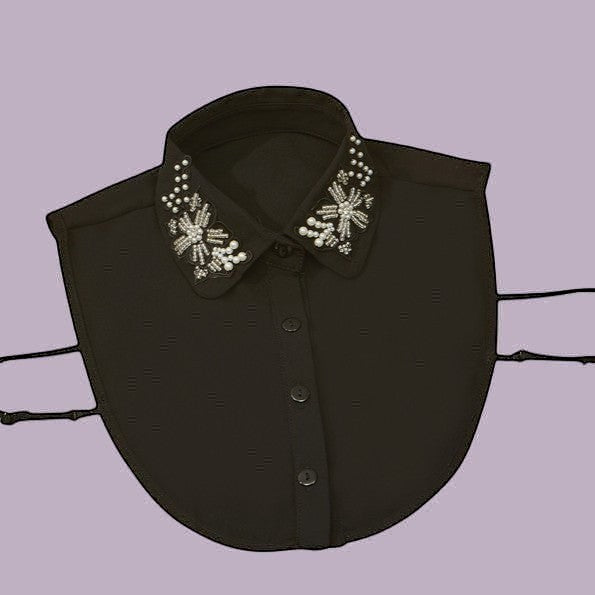 Simply Collars black detachable collar with floral embroidery, beads, and pearls. Adds glamour to any outfit.