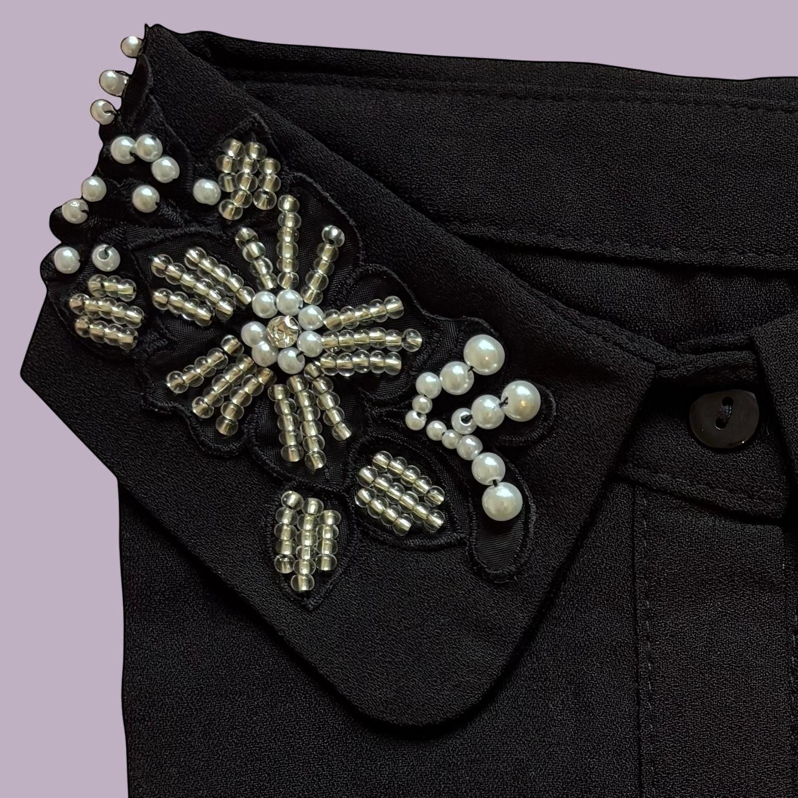 Simply Collars black detachable collar with floral embroidery, beads, and pearls. Adds glamour and elegance.