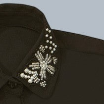 Simply Collars black detachable collar with floral embroidery, beads, and pearls. Adds glamour to any outfit.