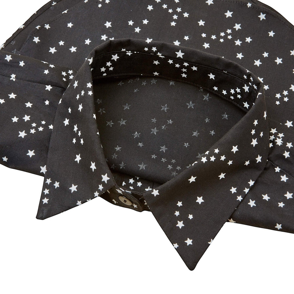 Simply Collars black detachable collar with white star print. Lightweight fabric, adjustable straps.
