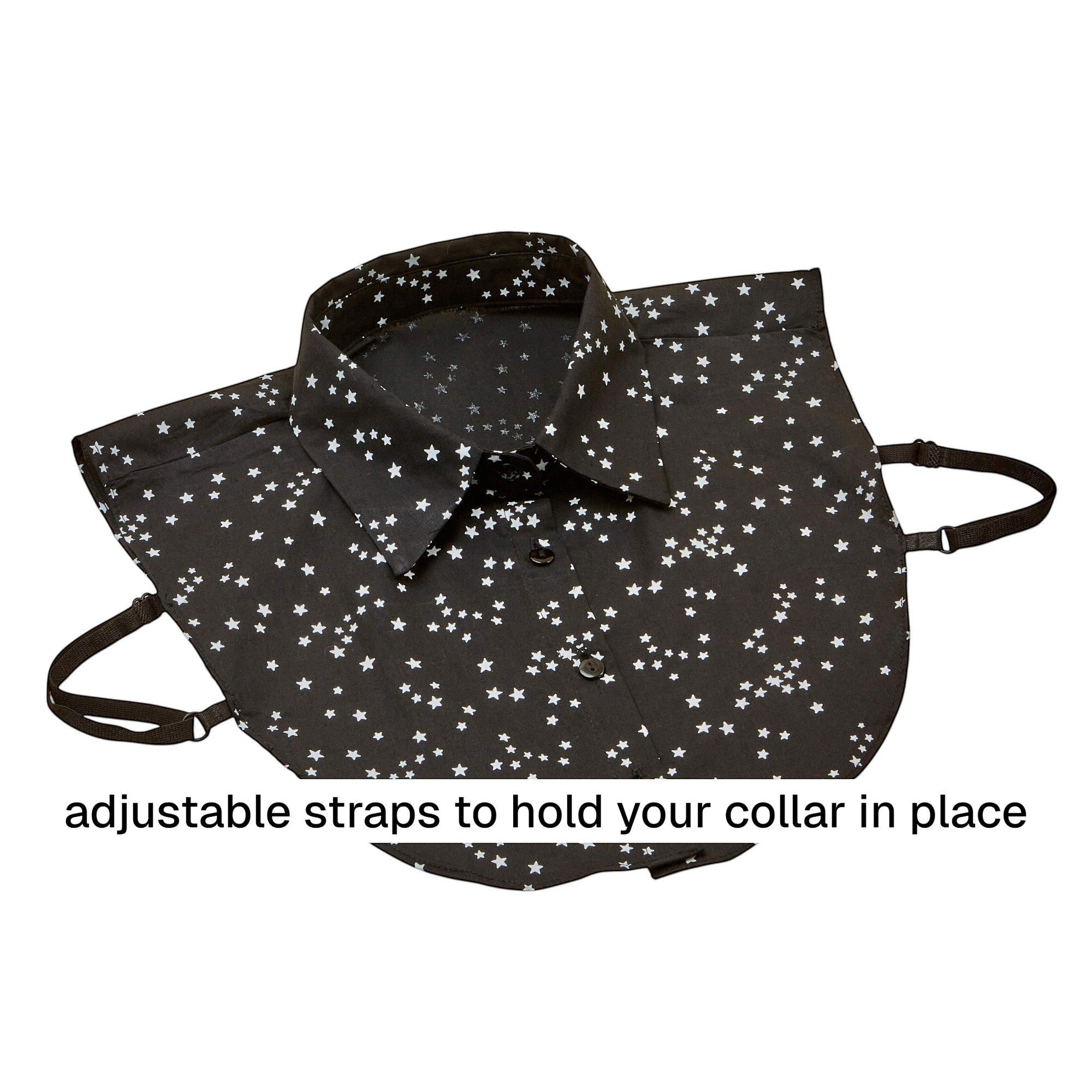 Simply Collars black detachable collar with white star print and adjustable straps.