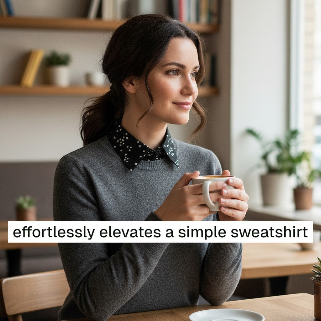 Simply Collars black detachable collar with white star print, worn under a grey sweater.