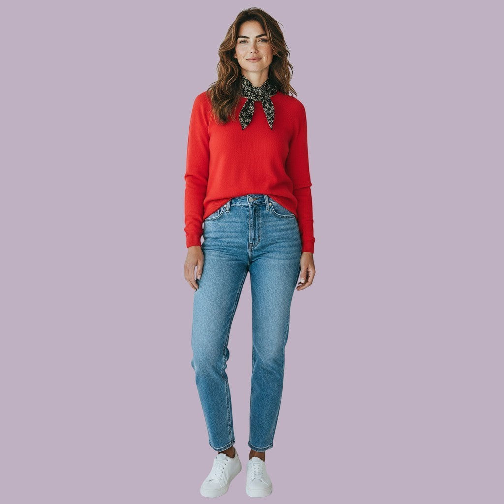 Simply Collars black and white ditsy print collar with bow tie detail, worn by a woman in a red sweater.