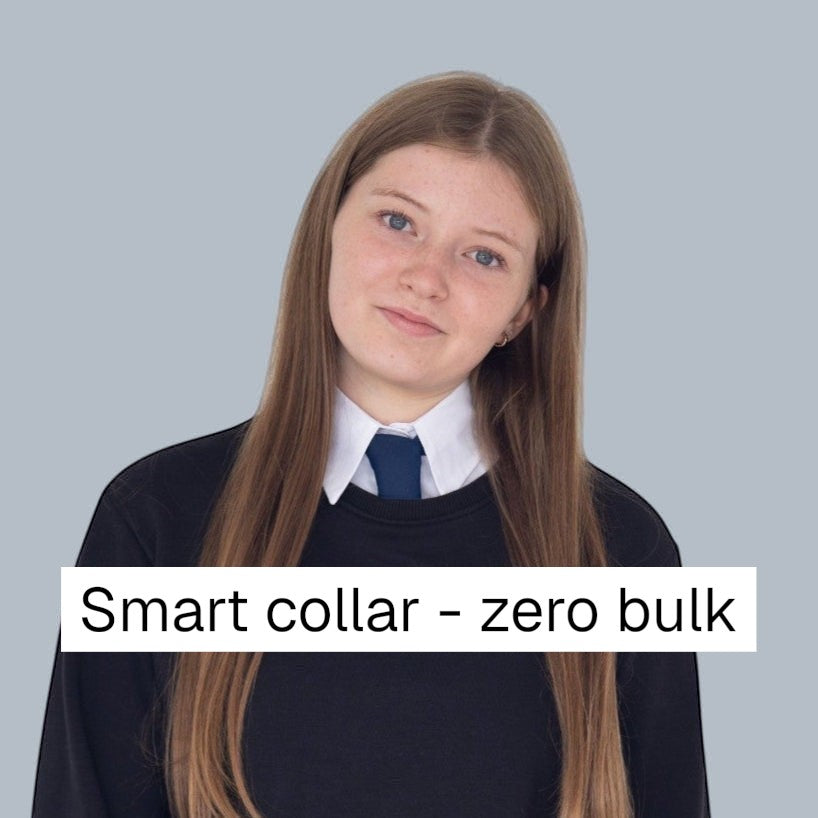 Simply Collars School Pack: 3 detachable white collars with adjustable ties, worn by a young person under a black jumper.