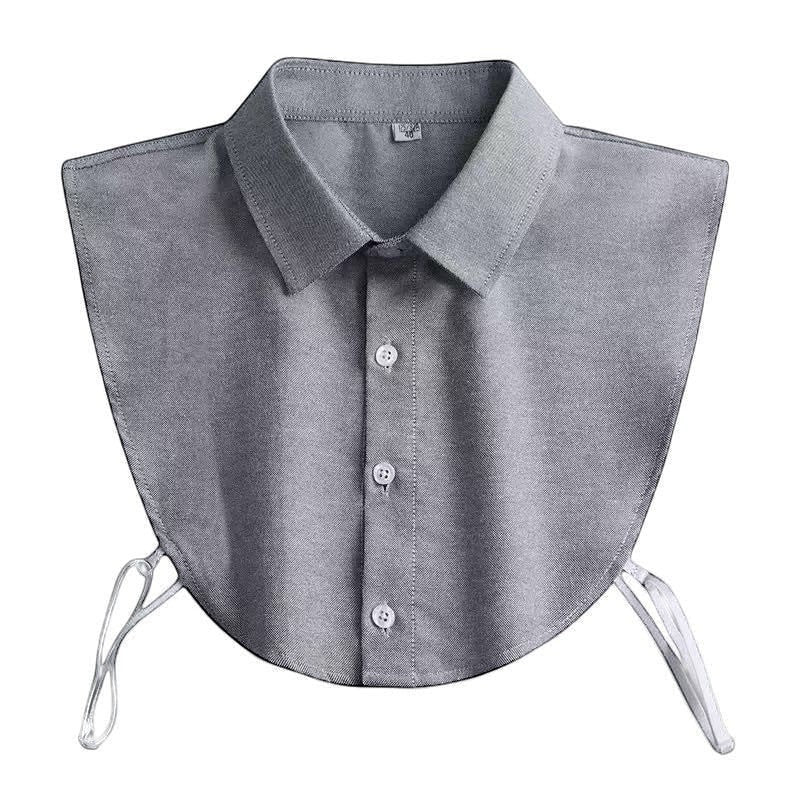Simply Collars grey cotton detachable shirt collar with button front and tie straps for layering.