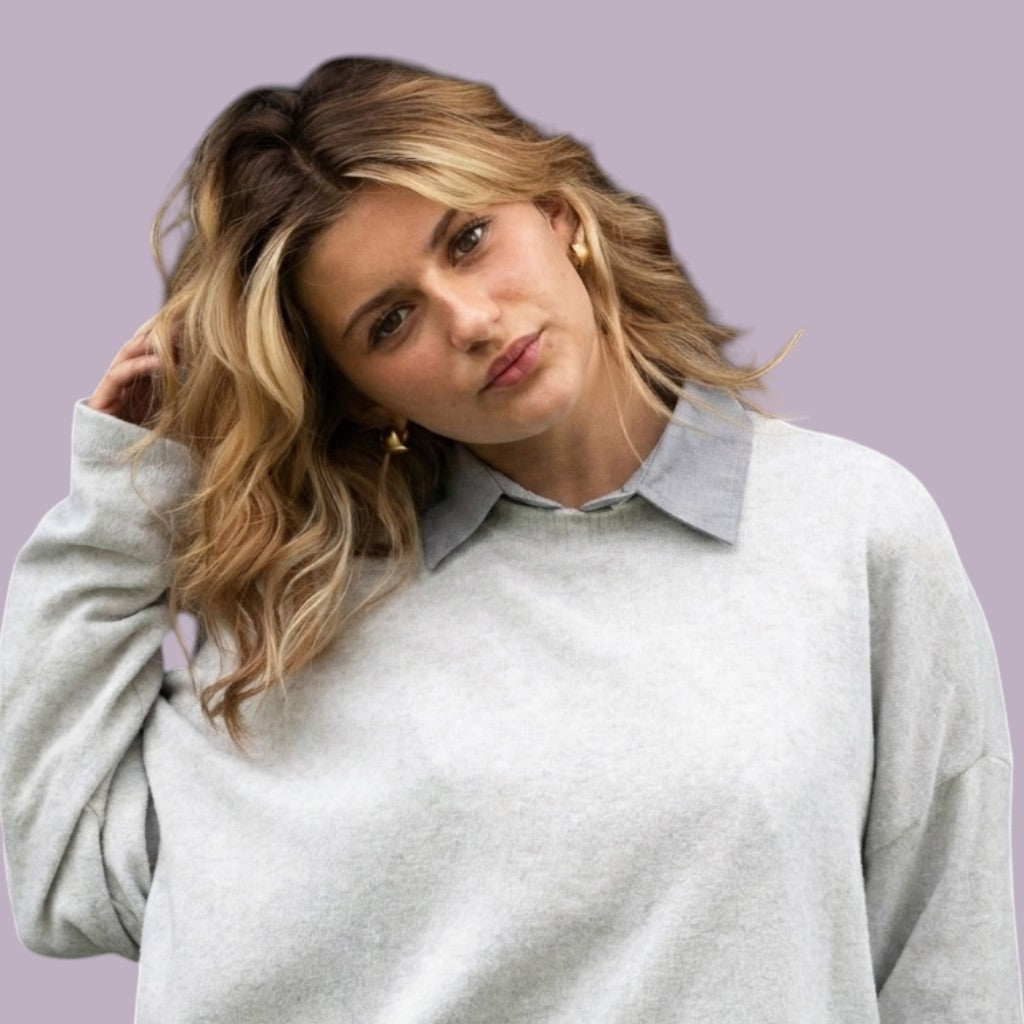Simply Collars grey cotton shirt collar layered under a light grey sweater for a classic look.