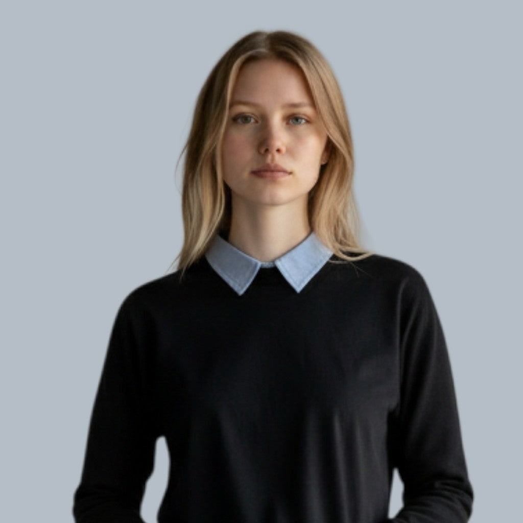 Simply Collars light blue plain detachable collar worn under a black sweater for a smart casual look.