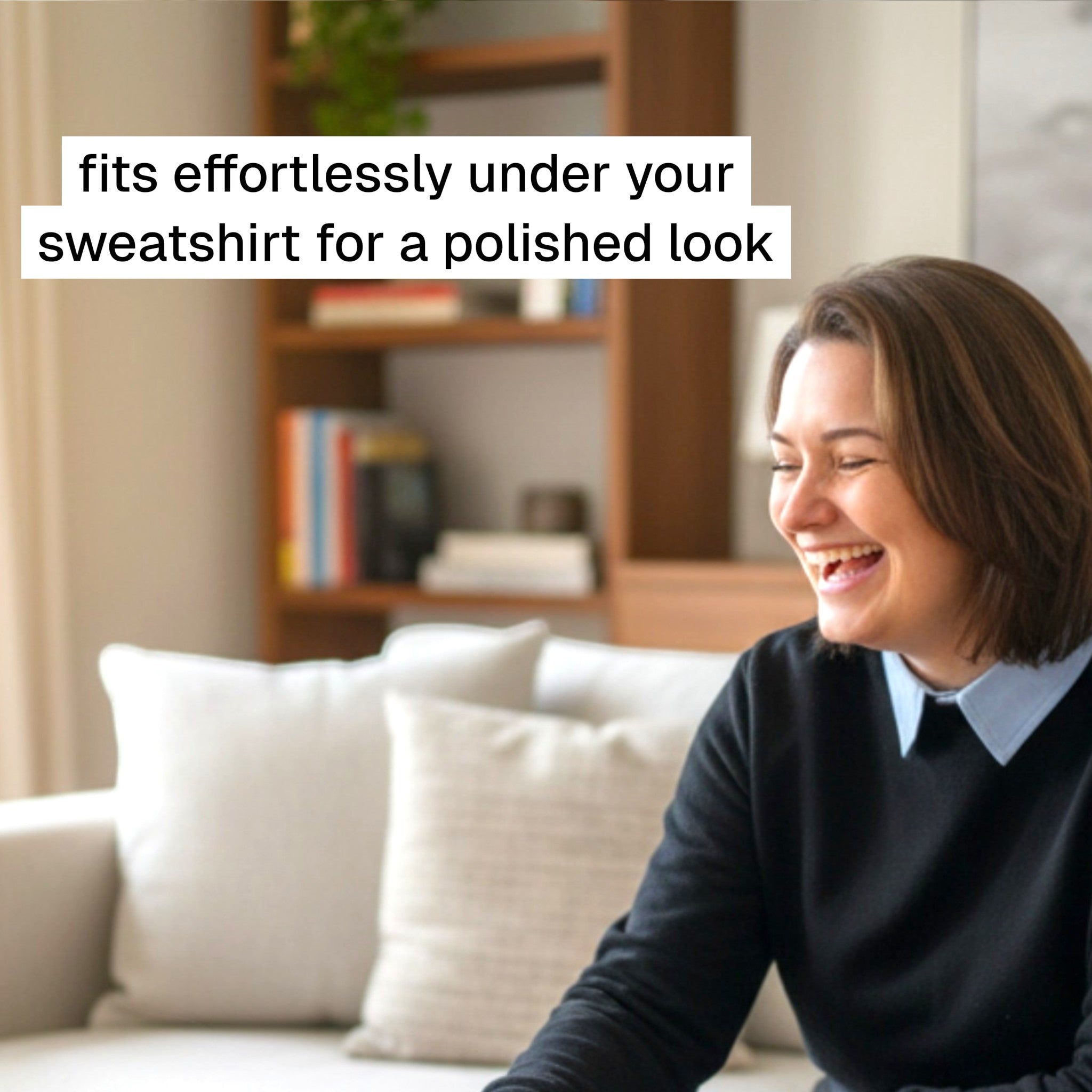 Simply Collars light blue plain detachable collar worn under a black sweater for a smart casual look.