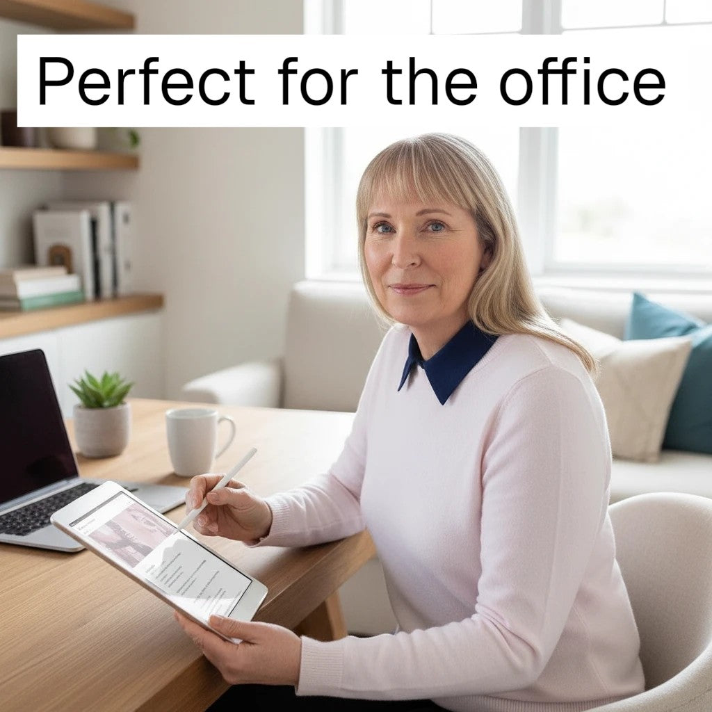 Simply Collars navy blue plain shirt collar worn by a woman working on a tablet. Cotton collar for layering.