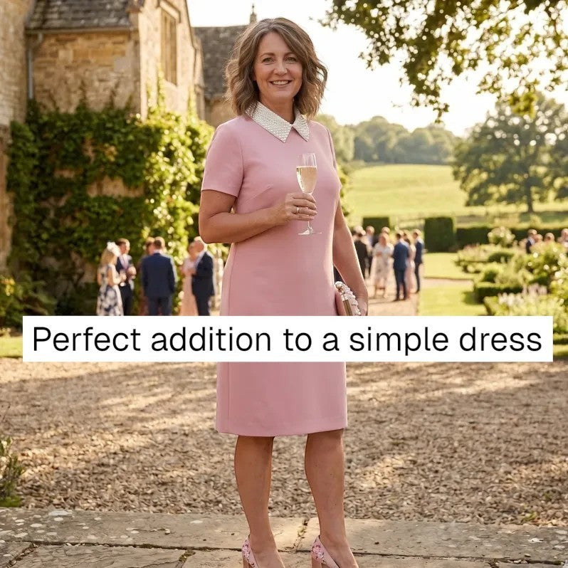 Simply Collars white detachable collar with faux pearl embellishments worn by a woman in a pink dress.