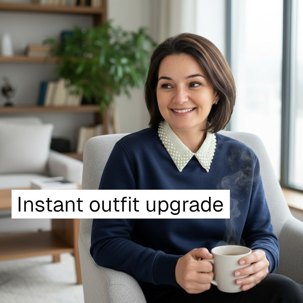 Simply Collars white detachable collar with faux pearl embellishments worn over a navy sweatshirt by a smiling woman.