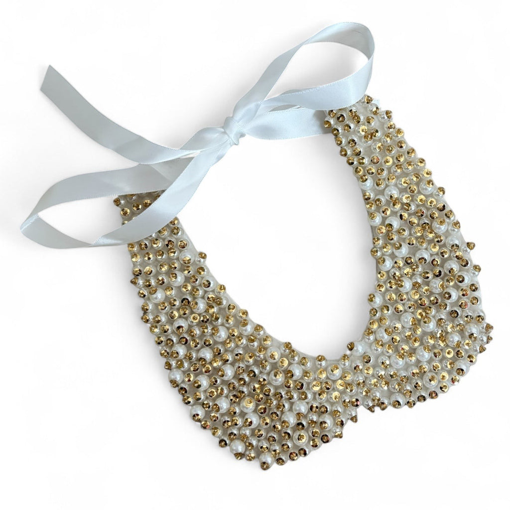 Simply Collars Petra Pan detachable champagne collar with pearls and crystals, white ribbon tie.