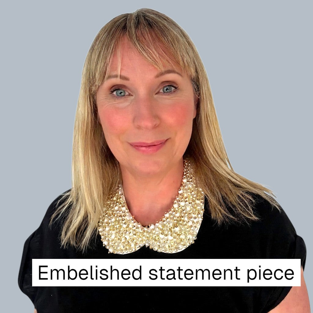 Simply Collars Petra Pan detachable champagne collar with pearls and crystals. Adds glamour to any outfit.