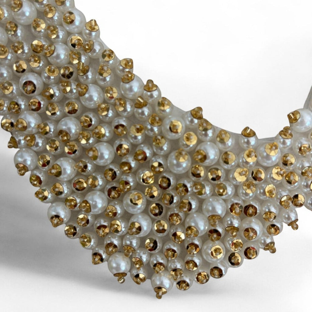 Simply Collars Petra Pan detachable collar with pearls and gold crystals. Adds glamour to any outfit.