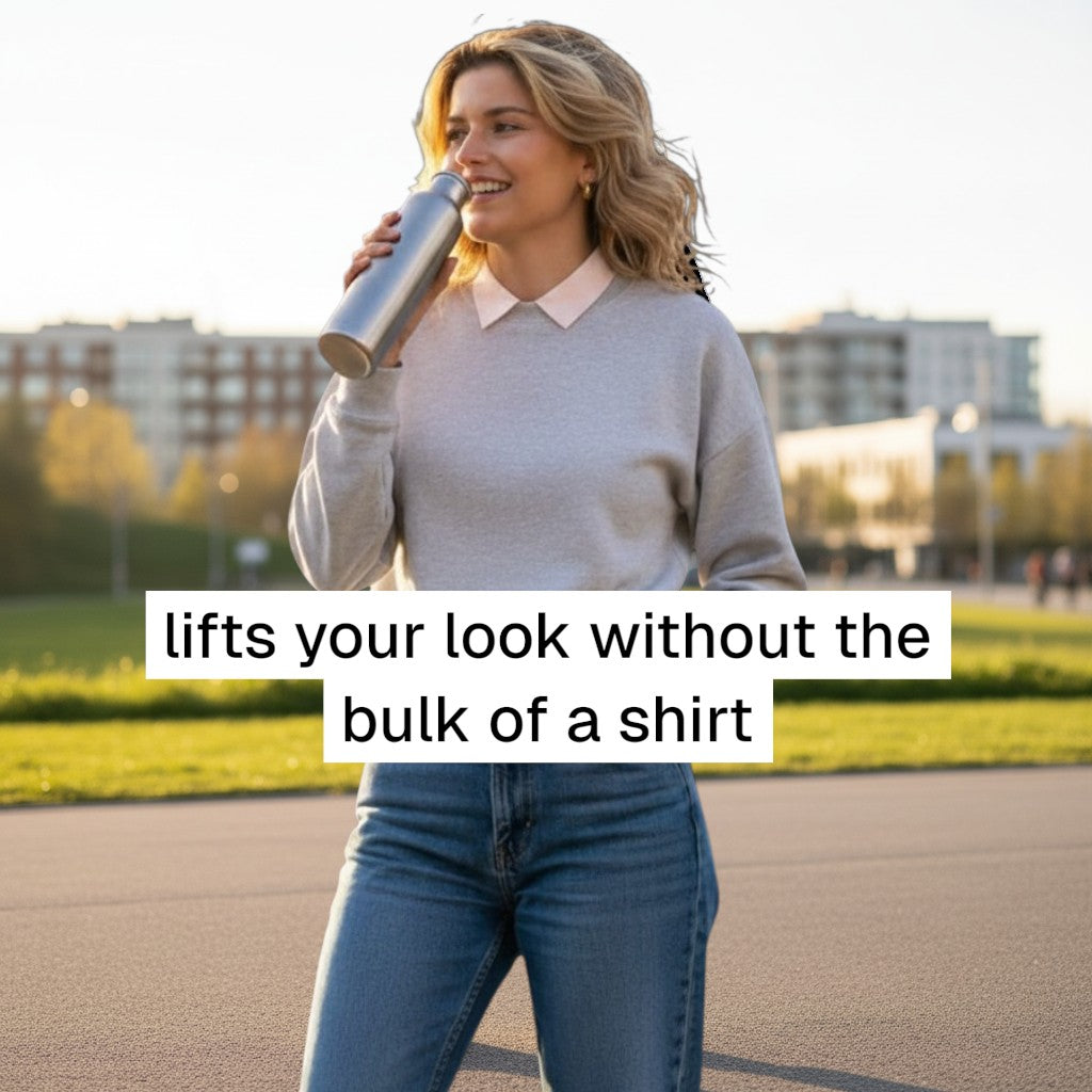 Simply Collars detachable pink and white striped shirt collar with button front, worn under a grey sweater.
