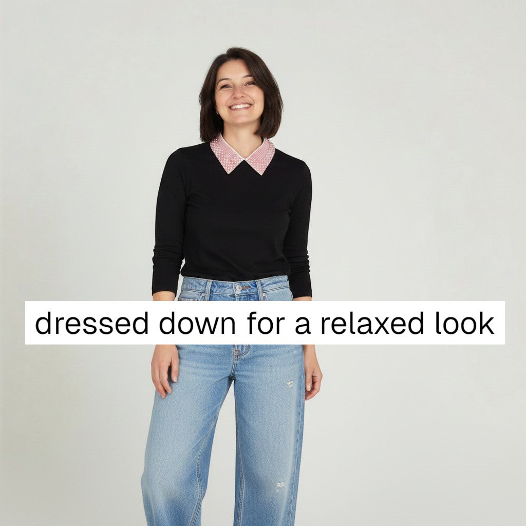 Simply Collars Vintage Pearl detachable collar with pink pearls on a black top and jeans.