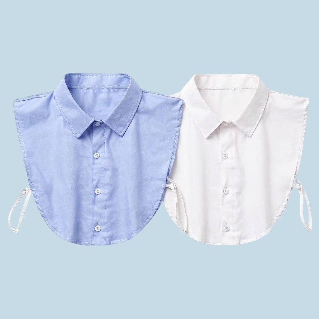 Simply Collars white and blue cotton collar inserts with button front and tie sides. Versatile layering accessory.