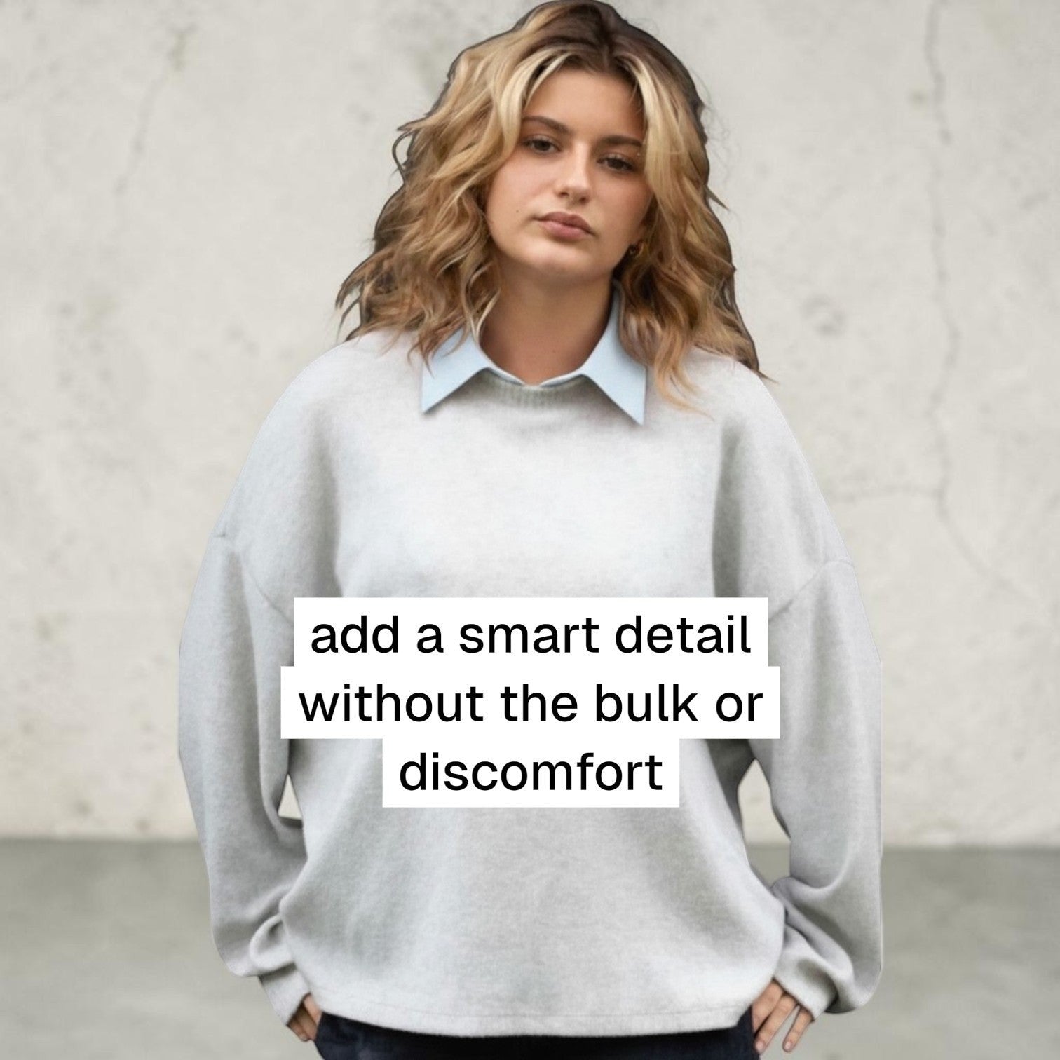 Simply Collars white cotton collar insert with blue pinstripe shirt peeking out from under a grey sweater.