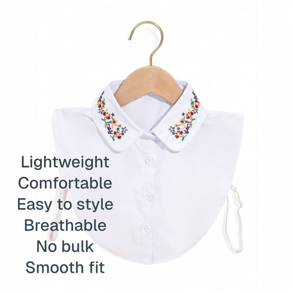 Simply Collars white detachable collar with floral embroidery. Lightweight, comfortable, and easy to style.