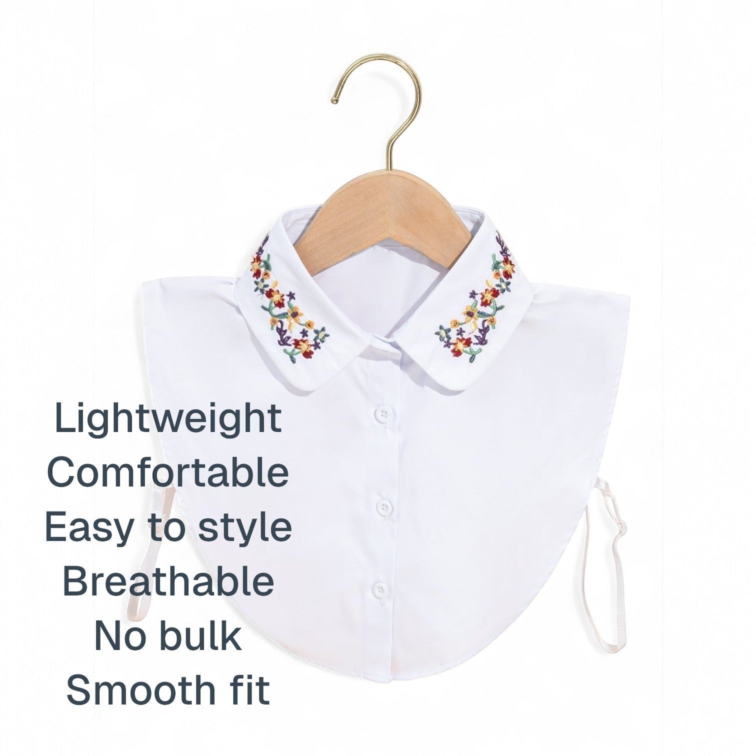 Simply Collars white detachable collar with floral embroidery. Lightweight, comfortable, and easy to style.