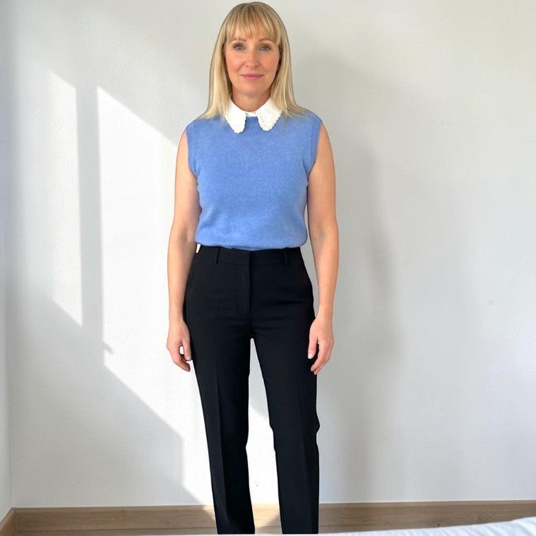 Simply Collars white detachable collar with pearl embellishments, worn under a blue sweater.