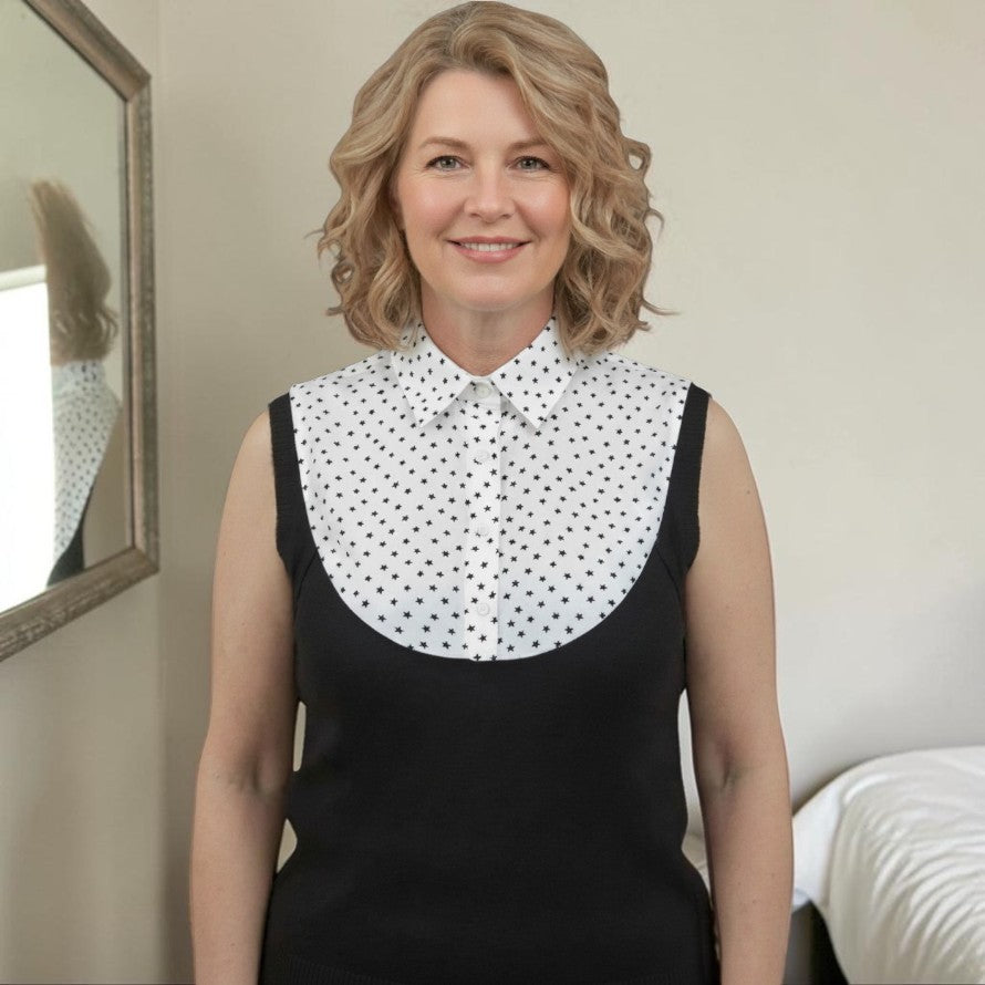 Simply Collars white detachable shirt collar with black star print, adjustable fit, breathable fabric.